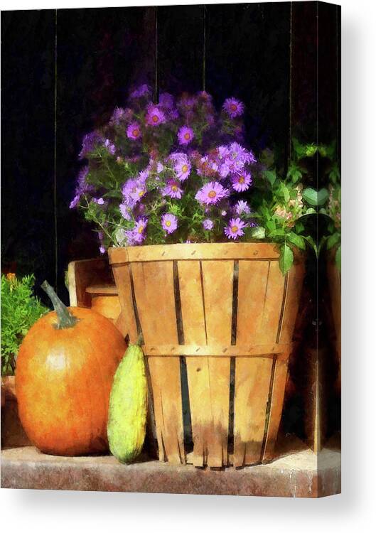 Autumn Canvas Print featuring the photograph Basket of Asters With Pumpkin and Gourd by Susan Savad