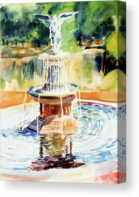 Watercolor Fountain Canvas Print featuring the painting Bathesda Fountain by Mark Lunde