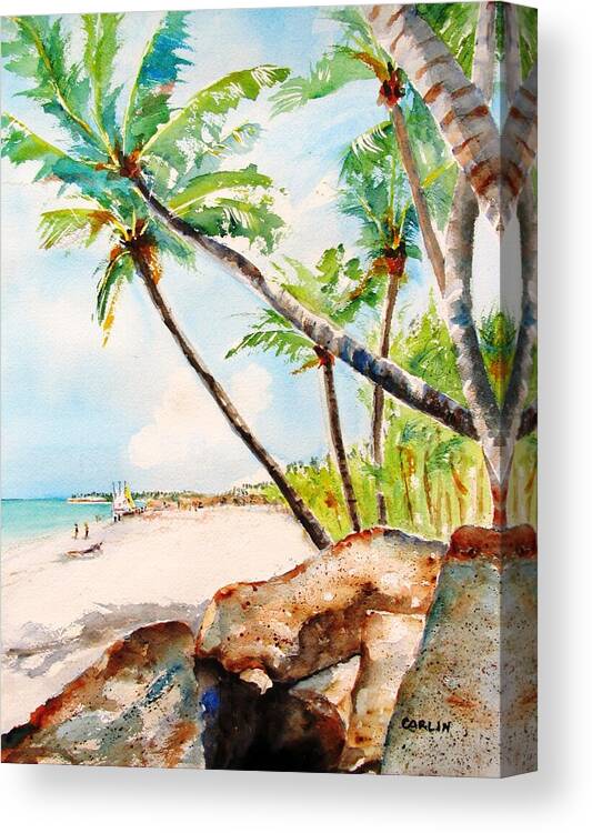 Tropical Canvas Print featuring the painting Bavaro Tropical Sandy Beach by Carlin Blahnik CarlinArtWatercolor