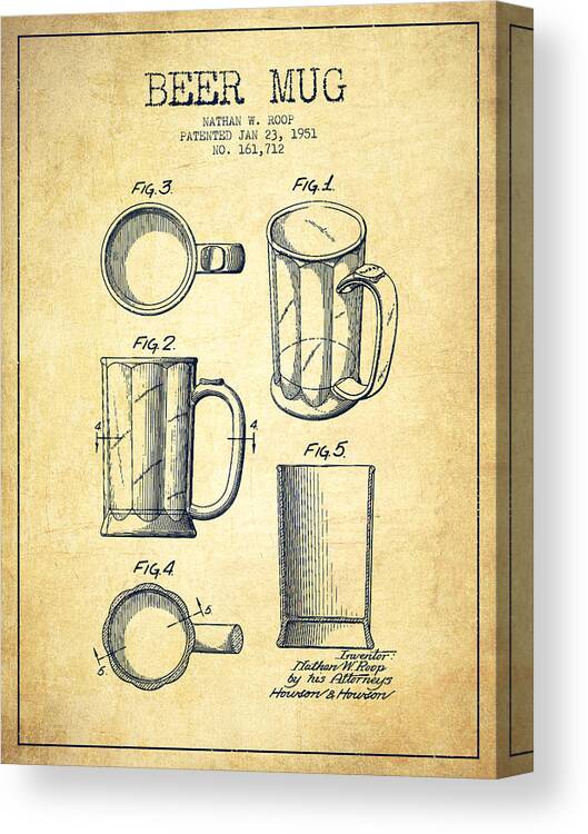 Beer Mug Canvas Print featuring the digital art Beer Mug Patent Drawing from 1951 - Vintage by Aged Pixel