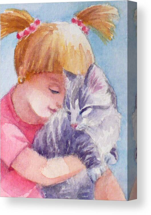 Baby Animal Canvas Print featuring the painting Kitten and a Little Girl by Janet Zeh