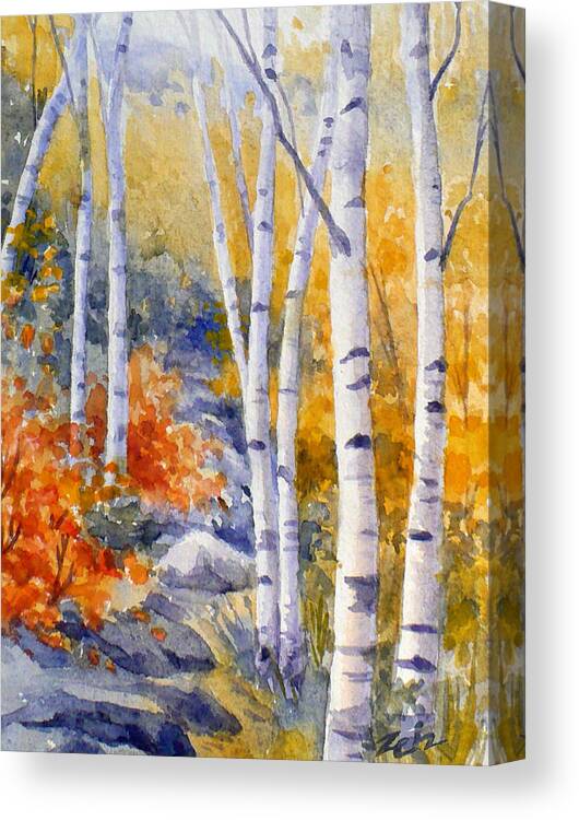 Birch Canvas Print featuring the painting Birches along the Trail by Janet Zeh