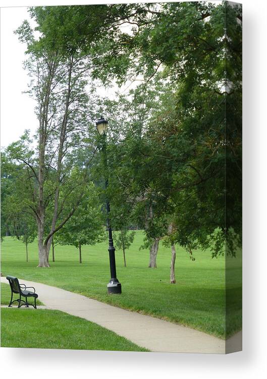 Bench Canvas Print featuring the photograph Black Bench and Lightpost by Claudia Goodell