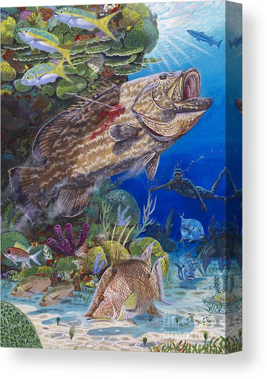 Spearfishing Canvas Print featuring the painting Black Grouper hole by Carey Chen