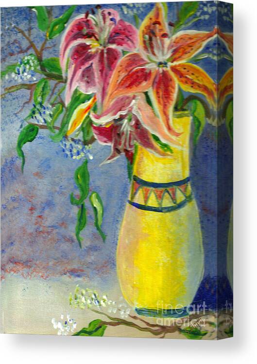 Floral Canvas Print featuring the painting Blushing lilies by Sarabjit Singh