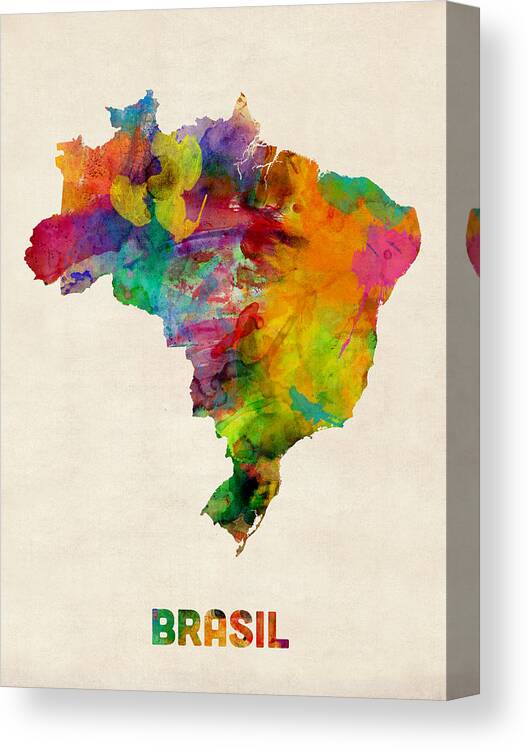 Map Art Canvas Print featuring the digital art Brazil Watercolor Map by Michael Tompsett
