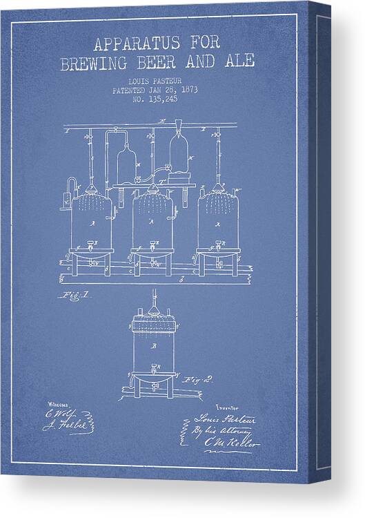 Beer Keg Canvas Print featuring the digital art Brewing Beer and Ale Apparatus Patent Drawing from 1873 - Light by Aged Pixel