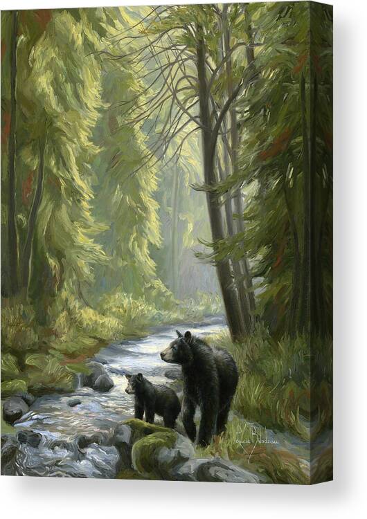 Bear Canvas Print featuring the painting By the Stream by Lucie Bilodeau