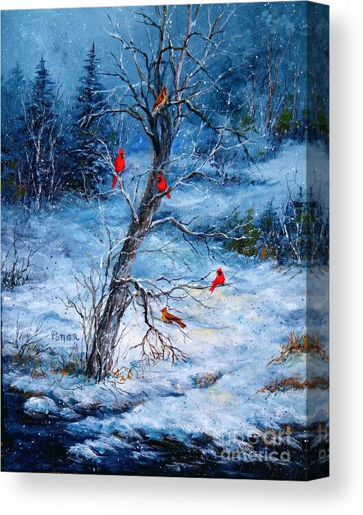 Birds Canvas Print featuring the painting Cardinals in Winter by Virginia Potter
