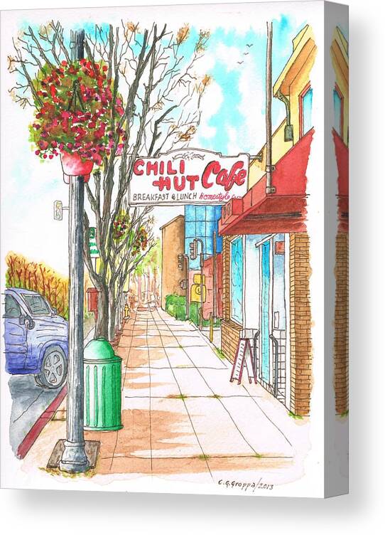 Chili Hut Cafe Canvas Print featuring the painting Chili Hut Cafe in Main Street, Santa Paula, California by Carlos G Groppa