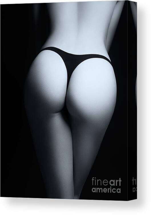 Sexy Canvas Print featuring the photograph Closeup of sexy woman butt in black thongs Black and white by Maxim Images Exquisite Prints