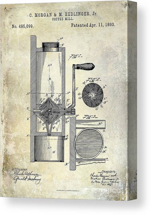 Coffe Mill Patent 1893 Canvas Print featuring the photograph Coffee Mill Patent 1893 by Jon Neidert