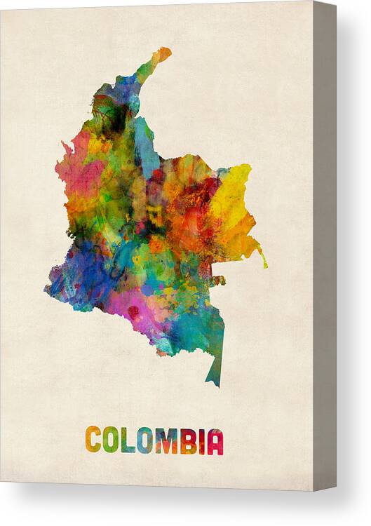 Urban Canvas Print featuring the digital art Colombia Watercolor Map by Michael Tompsett