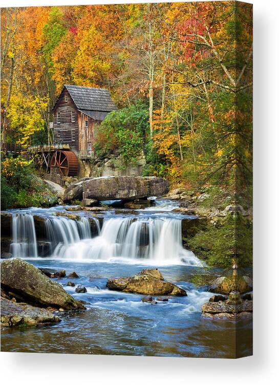 Babcock State Park Canvas Print featuring the photograph Colorful Autumn Grist Mill by Lori Coleman