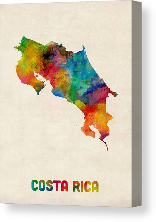 Map Art Canvas Print featuring the digital art Costa Rica Watercolor Map by Michael Tompsett