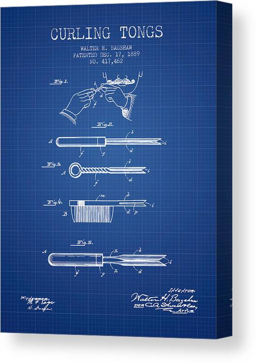 Hair Curling Canvas Print featuring the digital art Curling Tongs patent from 1889 - Blueprint by Aged Pixel
