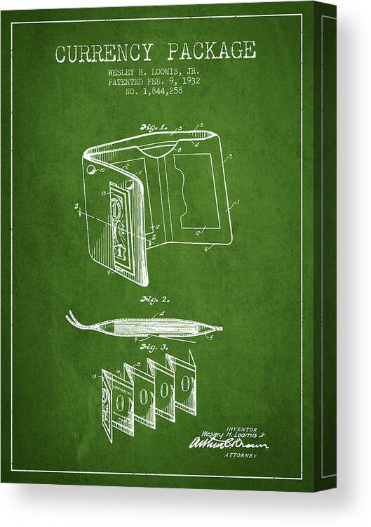 Wallet Canvas Print featuring the digital art Currency Package Patent from 1932 - Green by Aged Pixel