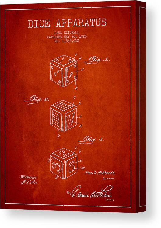 Dice Canvas Print featuring the digital art Dice Apparatus Patent from 1925 - Red by Aged Pixel