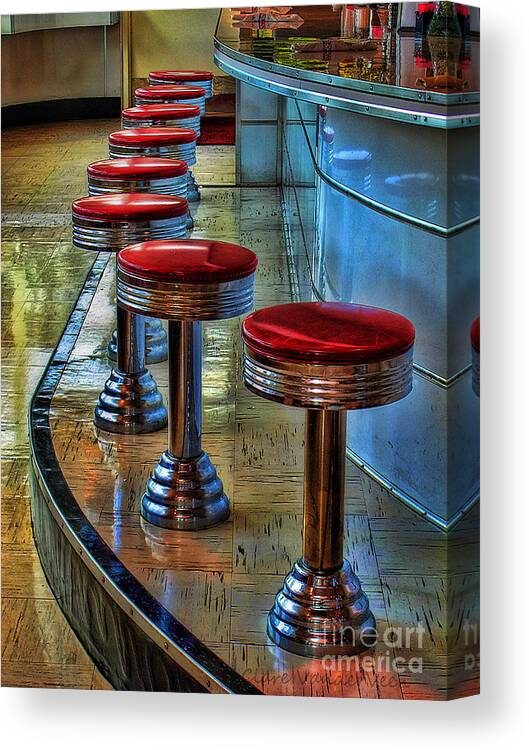 Stools Canvas Print featuring the photograph Diner Stools by Clare VanderVeen