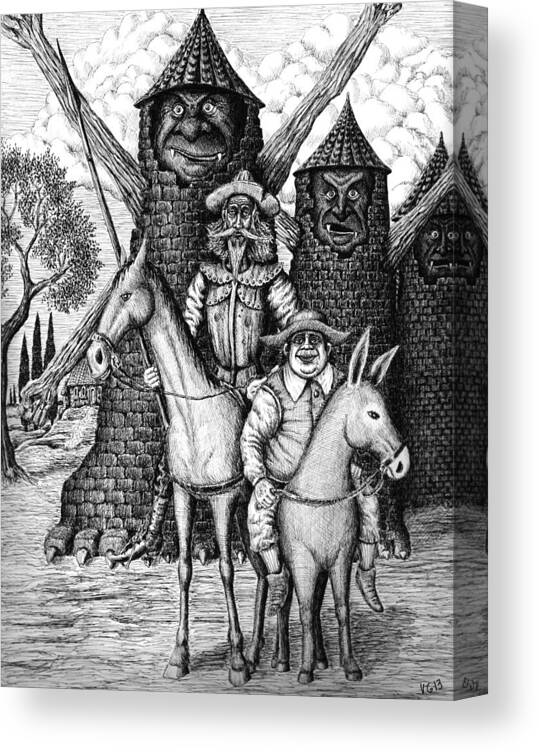 Don Quixote And Sancho Panza Canvas Print featuring the drawing Don Quixote and Sancho Panza by Vitaliy Gonikman