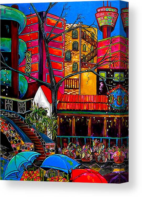Downtown Canvas Print featuring the painting Downtown on The River by Patti Schermerhorn