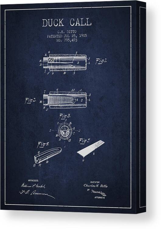Duck Call Canvas Print featuring the digital art Duck Call Instrument Patent from 1905 - Navy Blue by Aged Pixel