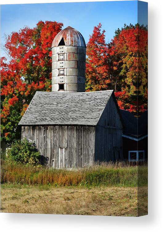 Silo Canvas Print featuring the photograph Fall Weathered Barn and Silo by David T Wilkinson