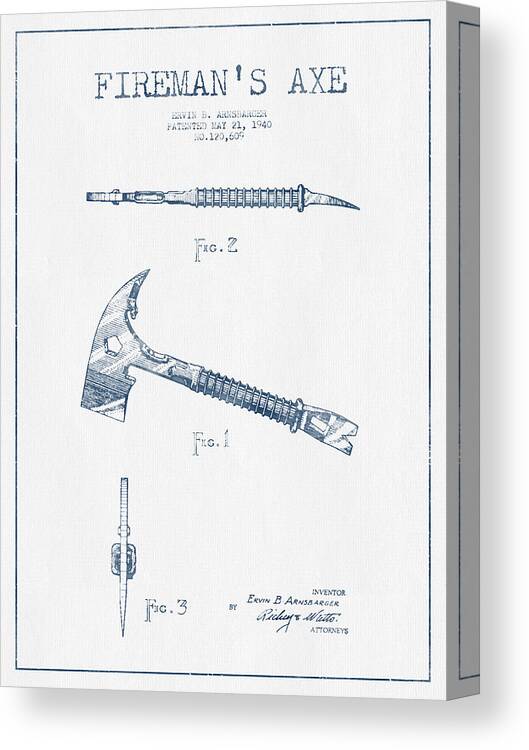 Axe Canvas Print featuring the digital art Fireman Axe Patent drawing from 1940- Blue Ink by Aged Pixel