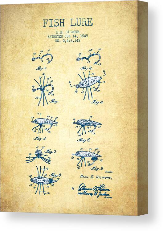 Fishing Canvas Print featuring the digital art Fish Lure Patent from 1949- Vintage paper by Aged Pixel