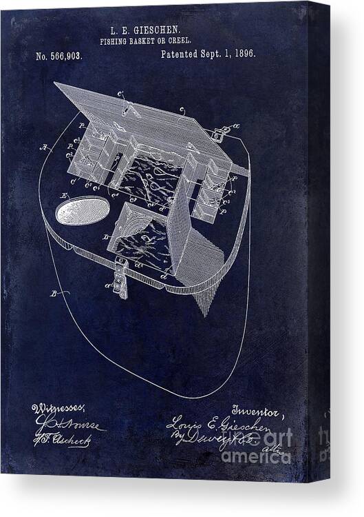 Fishing Basket Canvas Print featuring the photograph Fishing Basket or Creel Patent Drawing Blue by Jon Neidert