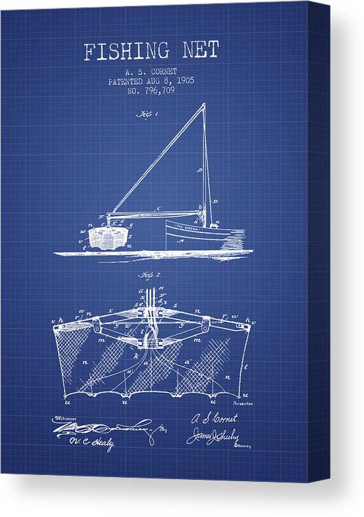 Fishing Net Canvas Print featuring the digital art Fishing Net Patent from 1905- Blueprint by Aged Pixel