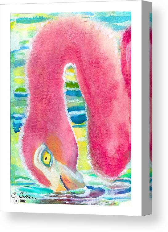 C Sitton Painting Paintings Canvas Print featuring the painting Flamingo Eating by C Sitton