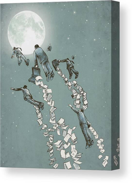 Moon Canvas Print featuring the drawing Flight of the Salary Men by Eric Fan