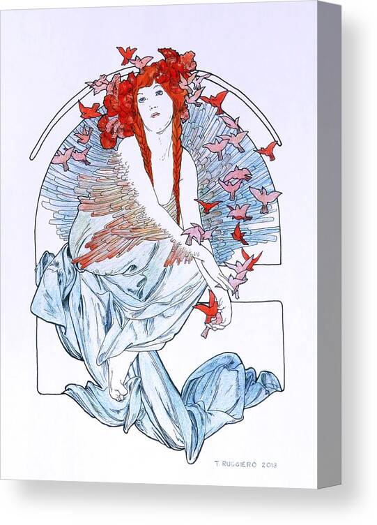 Goddess Mystical Birds Cardinals Redhead Female Mucha Canvas Print featuring the painting Oh To Fly  after Mucha by Tony Ruggiero
