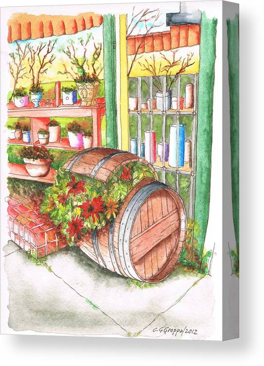 Nature Canvas Print featuring the painting Barrel with flowers in a flower shop in West Hollywood - California by Carlos G Groppa