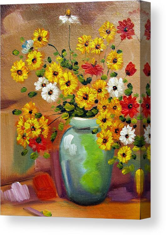 Flowers Art Still Life Oil Painting Print Canvas Canvas Print featuring the painting Flowers - Still life by Daliana Pacuraru