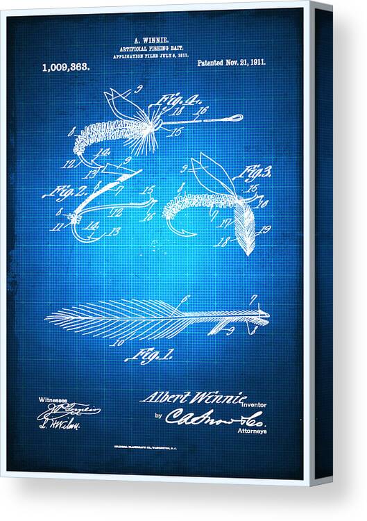 Artificial Fishing Bait Canvas Print featuring the mixed media Fly Fishing Bait Patent Blueprint Drawing by Tony Rubino