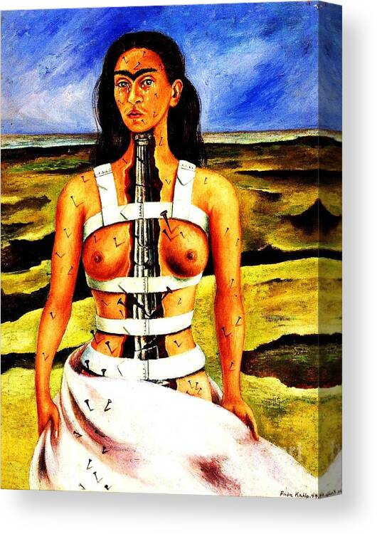 Reproduction: Frida Paintings Canvas Print featuring the painting Frida Kahlo The Broken Column by Roberto Prusso