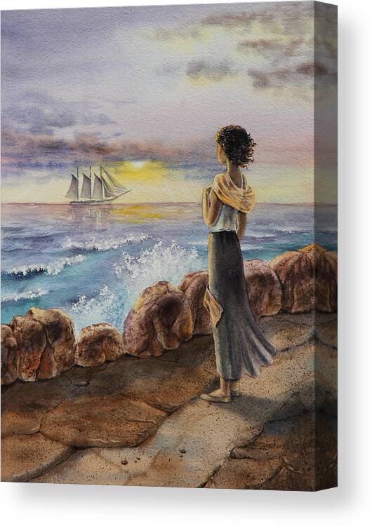 Sailing Canvas Print featuring the painting Girl And The Ocean Sailing Ship by Irina Sztukowski