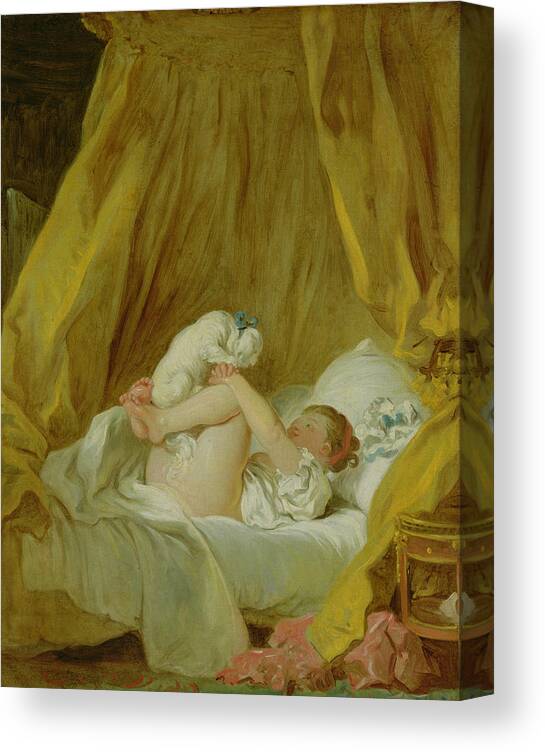 Bed Canvas Print featuring the painting Girl with a Dog by Jean Honore Fragonard