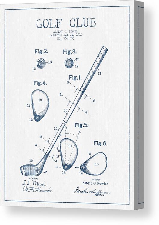 Golf Canvas Print featuring the digital art Golf Club Patent Drawing From 1910 - Blue Ink by Aged Pixel