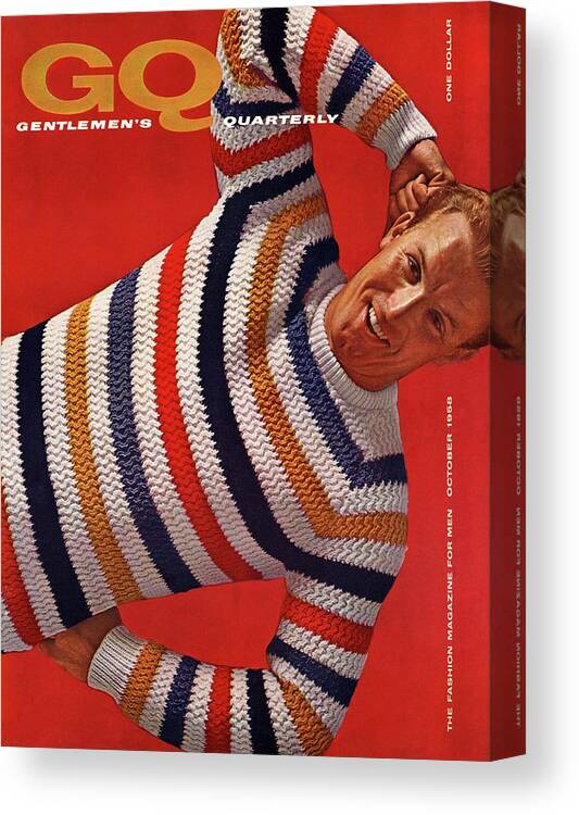 Fashion Canvas Print featuring the photograph Gq Cover Of Man Wearing Striped Sweater by Leonard Nones