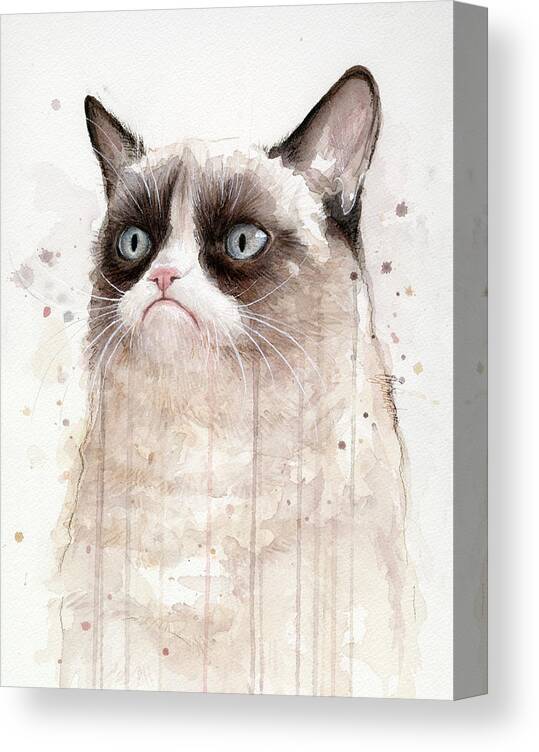 Grumpy Canvas Print featuring the painting Grumpy Watercolor Cat by Olga Shvartsur