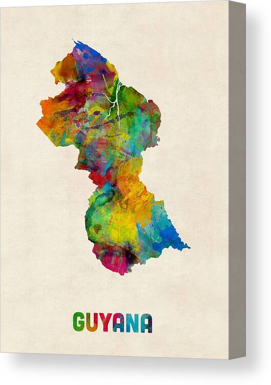 Map Art Canvas Print featuring the digital art Guyana Watercolor Map by Michael Tompsett