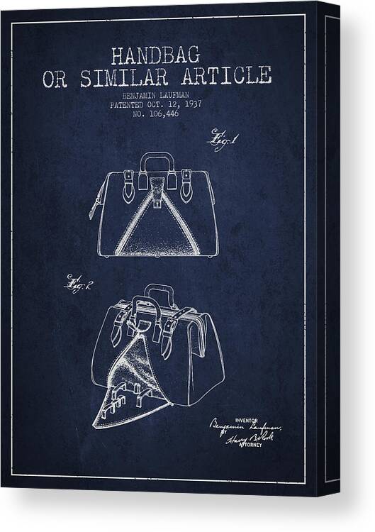 Purse Canvas Print featuring the digital art Handbag or similar article patent from 1937 - Navy Blue by Aged Pixel
