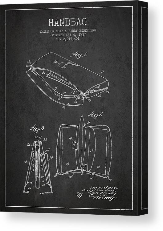 Handbag Canvas Print featuring the digital art Handbag patent from 1937 - Charcoal by Aged Pixel