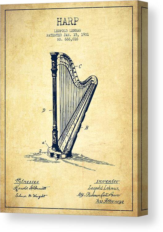 Harp Canvas Print featuring the digital art Harp Music Instrument Patent from 1901 - Vintage by Aged Pixel