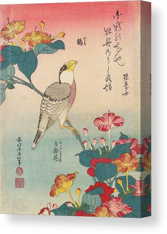 1834 Canvas Print featuring the painting Hawfinch and Marvel-of-Peru by Katsushika Hokusai