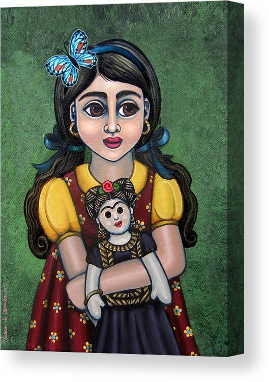 Frida Canvas Print featuring the painting Holding Frida with Butterfly by Victoria De Almeida