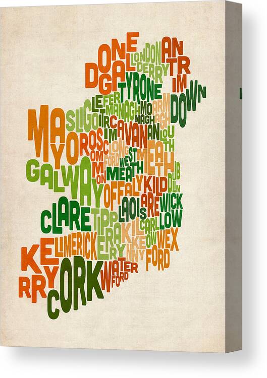 Ireland Map Canvas Print featuring the digital art Ireland Eire County Text Map by Michael Tompsett